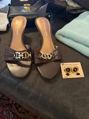 Etienne Aigner Brown Leather Slide Mules with Gold Hardware/matching earrings